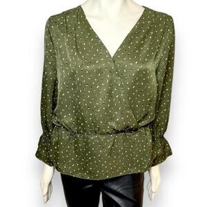 OAT Green Printed V-Neck Long Sleeves Faux Wrap Blouse NWT Size Large